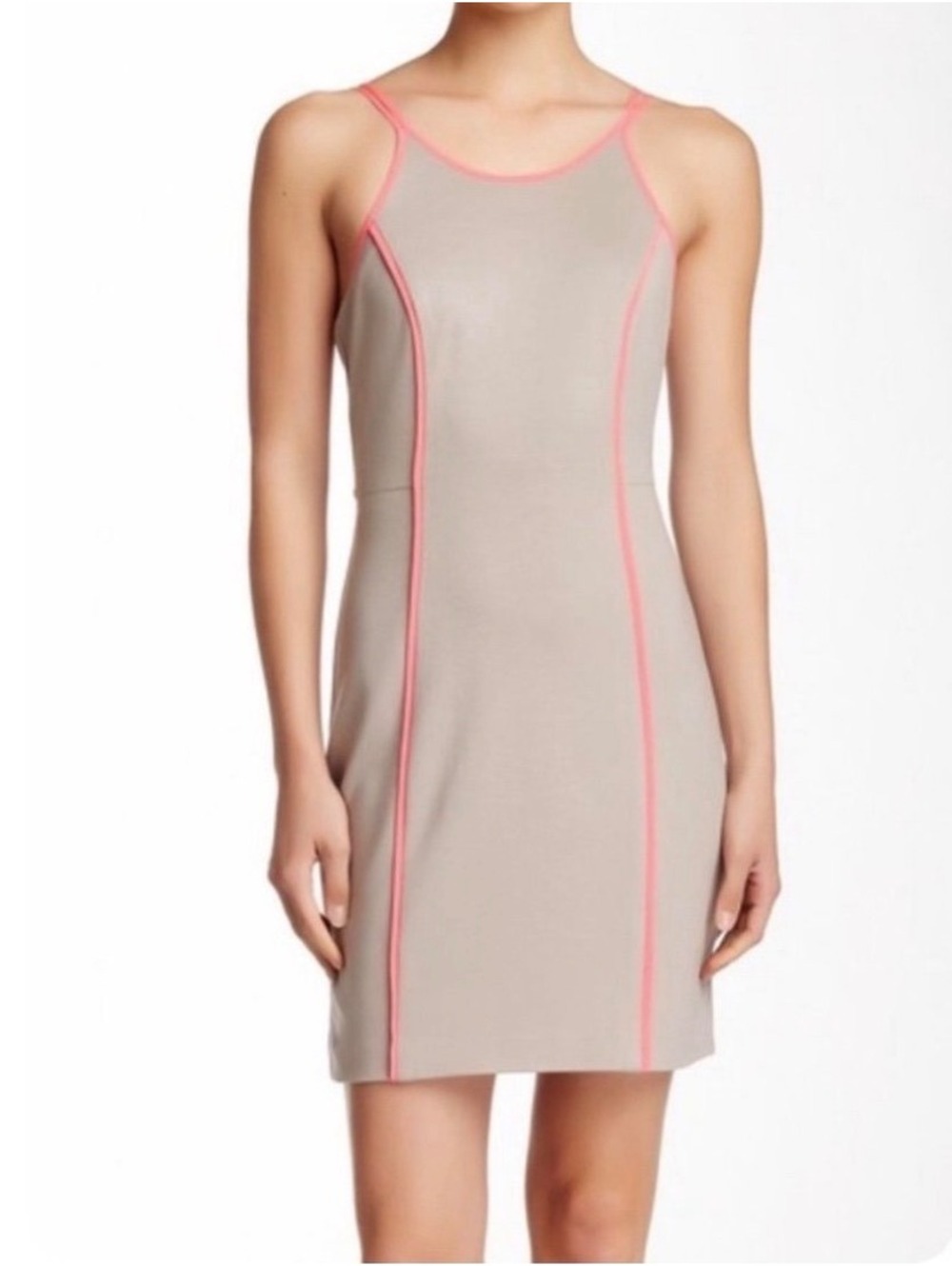 Trina Turk Yvette Sleeveless Silk Trim Dress | Tan & Bright Pink | Size 8